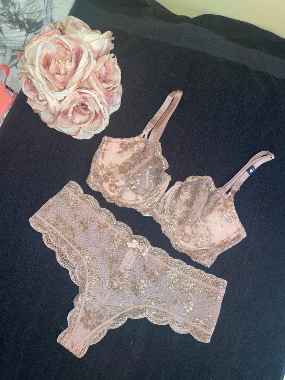 Victorias Secret Dream Angels Shine Lace Bra & Thong -Rose Gold -34DDD/XL NWT